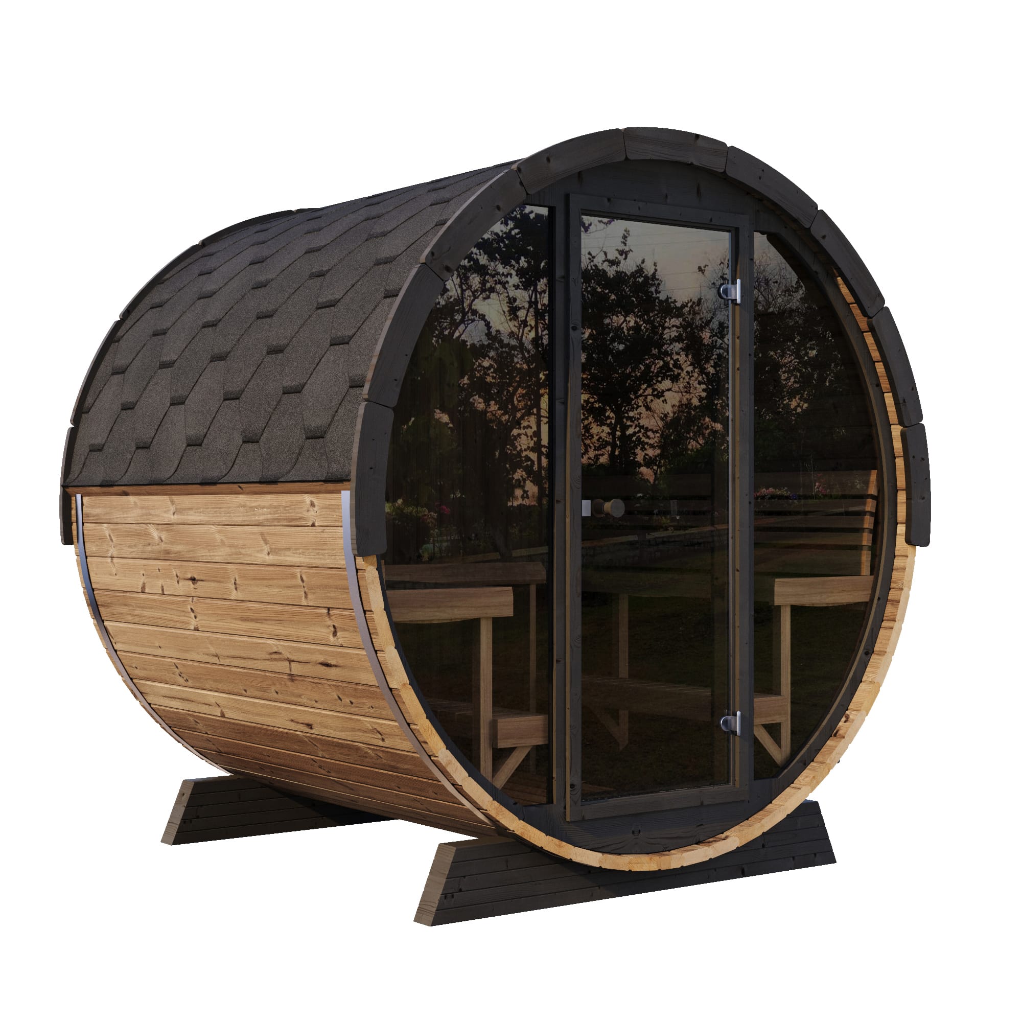SaunaLife EE8G 6-Person Barrel Sauna w/ Rear Benches & Front Windows, 79"L x 91"D product image